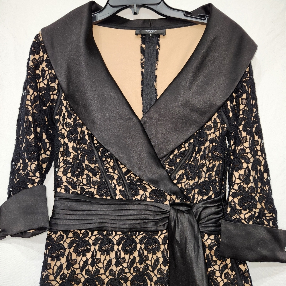 Tadashi like new black satin and lace statement blouse, Size 6